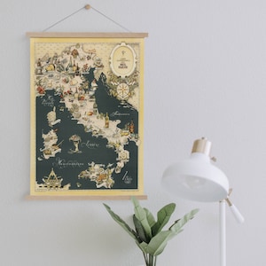 Carte gastronomique de l’Italie Gravure sur toile encadrée| Impressions d’art mural| Art mural sur toile| Prêt à accrocher| Art mural moderne| vintage Carte Décor mural