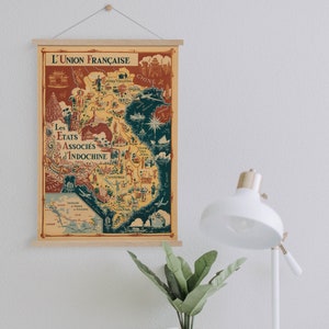 Impression sur toile encadrée de la carte de l'Indochine française de 1948 | Impressions d'art mural| Décoration murale en toile | Prêt à accrocher| Art mural moderne| Décoration murale carte vintage