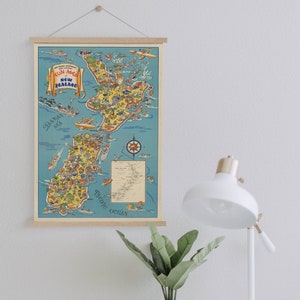 Carte de la Nouvelle-Zélande de 1938 Framed Canvas Print| Gravures d’art mural| Art mural sur toile| Prêt à accrocher| Art mural moderne| Décor mural de carte vintage