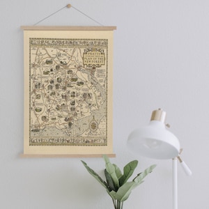 Carte picturale des années 1930 de New Forest sur toile imprimée avec des cadres de cintre| Carte murale vintage| Toile d’art pour la décoration de la maison et du bureau
