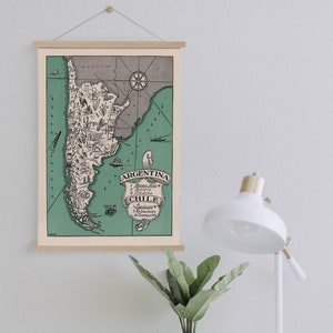 Carte picturale de l’Argentine et du Chili sur toile avec des cadres de cintre| Carte murale vintage| Toile d’art pour la décoration de la maison et du bureau