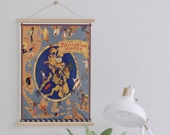 1930s Picturale kaart van de Filippijnen op Canvas Print met Hanger Frames| Vintage Wandkaart| Art Canvas voor Home &Office Decoratie