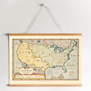 Carte historique des États-Unis Framed Canvas Print| Gravures d’art mural| Art mural sur toile| Prêt à accrocher| Art mural moderne| Décor mural de carte vintage