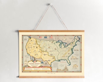Impresión en lienzo enmarcada con un mapa vintage de EE. UU.: arte mural histórico