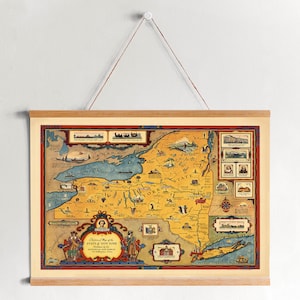 Carte picturale des années 1930 de New York sur toile imprimée avec des cadres de cintre| Carte murale vintage| Toile d’art pour la décoration de la maison et du bureau