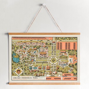 Carte picturale des années 1930 du parc zoologique de Chicago sur toile imprimée avec des cadres de cintre| Carte murale vintage| Toile d’art pour la décoration de la maison et du bureau