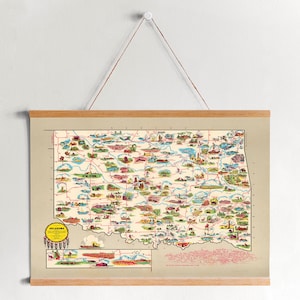 Pictorial Map of Oklahoma Framed Canvas Print| Wall Art Prints| Canvas Wall Art| Ready to Hang| Modern Wall Art| Vintage Map Wall Decor