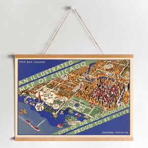 Carte picturale des années 1930 de Chicago sur toile imprimée avec des cadres de cintre| Carte murale vintage| Toile d’art pour la décoration de la maison et du bureau