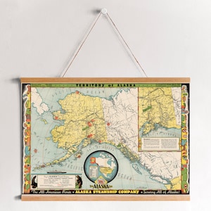 Natural Wood Framed Canvas Art of 1936 Alaska Map| Canvas Wall Art| Ready to Hang| Modern Wall Art| Vintage Map Wall Decor
