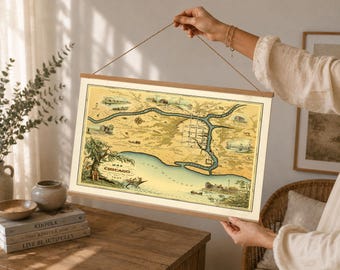 Lámina enmarcada del mapa de Chicago de 1833: Cuadro de pared vintage sobre lienzo