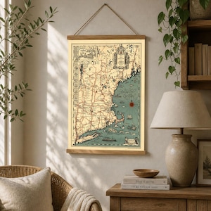 Op de afbeelding: Een vintage-stijl wandkaart van New England gedrukt op crèmekleurig papier met zwarte en rode inktgegevens, met een blauwgroene Atlantische Oceaan, decoratieve cartouches en nautische illustraties, opgehangen aan een houten frame met een koord.