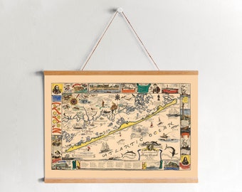 Jaren 1940 Picturale Kaart van Long Beach Island op Canvas Print met Hanger Frames| Vintage Wall Kaart| Art Canvas voor Home & Office Decoratie