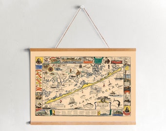 1940s Pictorial Map of Long Beach Island on Canvas Print with Hanger Frames| Vintage Wall Map| Art Canvas for Home & Office Decoration