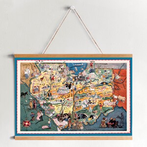 Mappa pittorica del 1930 dell'Illinois e dell'Indiana su tela con cornici appendiabiti / Mappa murale vintage / Tela artistica per la decorazione della casa e dell'ufficio