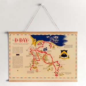 Ingelijste Canvas Kaart van Normany D Day| WO2| Kunst aan de muur Prints| Canvas Kunst aan de Muur| Klaar om op te hangen| Moderne kunst aan de muur| Vintage Kaart Wall Decor