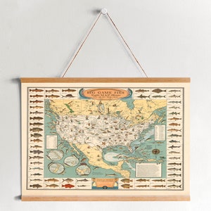 Bildkarte von Big Game Fisch auf Leinwand Druck mit Aufhänger Rahmen| Vintage Landkarte| Kunst Leinwand Dekor für Zuhause & Büro Dekoration