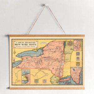 Carte de l’histoire de l’État de New York 1929 Framed Canvas Print| Impressions murales| Art mural sur toile| Prêt à accrocher| Art mural moderne| Carte De décor mural