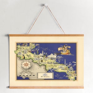 Carte des Pouilles de 1939 Impression encadrée sur toile| Gravures d’art mural| Art mural sur toile| Prêt à accrocher| Art mural moderne| Décor mural de carte vintage