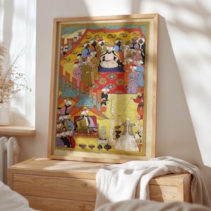 May include: A vintage illustration depicting a scene from a Persian or Mughal court. The artwork features a central figure seated on a throne, surrounded by courtiers and attendants. The scene is filled with vibrant colors and intricate details, including ornate clothing, tents, and a variety of objects.