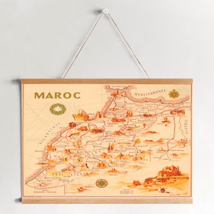 Carte du Maroc Framed Canvas Print| Gravures d’art mural| Art mural sur toile| Prêt à accrocher| Art mural moderne| Décor mural de carte vintage