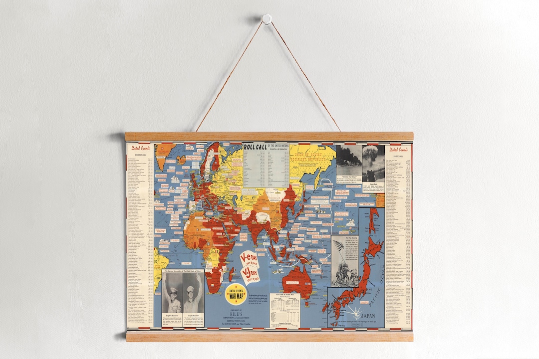 WWII Map Canvas Art: Natural Wood Frame, Vintage Wall Decor - Etsy