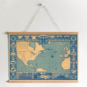 Vol de Charles Lindbergh de New York à Paris Framed Canvas Print| Gravures d’art mural| Art mural sur toile| Prêt à accrocher| Décor de carte vintage
