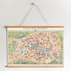 Toile à ossature de bois naturel Art de 1900 Paris Carte| Art mural sur toile| Prêt à accrocher| Art mural moderne| Décor mural de carte vintage