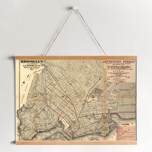 Mapa de lienzo enmarcado de Brooklyn Wall Art Prints / Canvas Wall Art / Listo para colgar / Arte de pared moderno / Decoración de pared de mapa vintage
