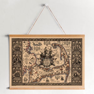 Carte encadrée en toile de Cape Cod de 1930| Gravures d’art mural| Art mural sur toile| Prêt à accrocher| Art mural moderne| Décor mural de carte vintage