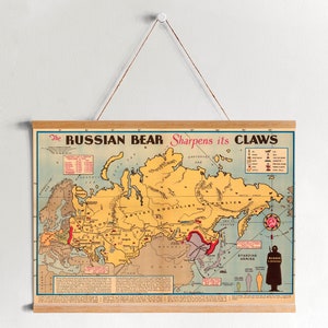 Toile encadrée Carte de la Russie soviétique pendant la Seconde Guerre mondiale | Seconde Guerre mondiale| Décoration murale en toile | Prêt à accrocher| Art mural moderne| Décoration murale carte vintage