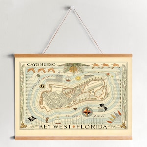 Carte de Key West de 1940 Framed Canvas Print| Gravures d’art mural| Art mural sur toile| Prêt à accrocher| Art mural moderne| Décor mural de carte vintage