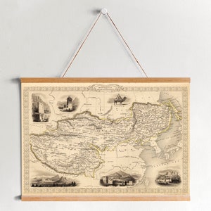 Central Asia Map 1851: Framed Cotton Canvas Vintage Wall Art