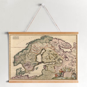Carte encadrée de la Scandinavie en 1680| Gravures d’art mural| Art mural sur toile| Prêt à accrocher| Art mural moderne| Décor mural de carte vintage