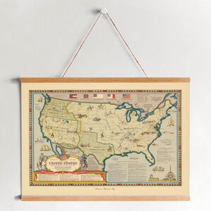 Carte historique des États-Unis Framed Canvas Print| Gravures d’art mural| Art mural sur toile| Prêt à accrocher| Art mural moderne| Décor mural de carte vintage