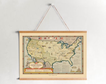Impresión en lienzo enmarcada con un mapa vintage de EE. UU.: arte mural histórico