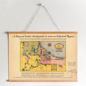 Carte du port de Chicago et de la région industrielle 1928| Impression sur toile| Gravures d’art mural| Art mural sur toile| Art mural moderne| Décor mural de carte vintage