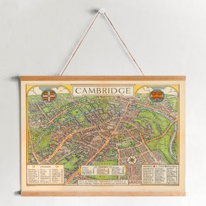 Carte encadrée de Cambridge de 1929| Gravures d’art mural| Art mural sur toile| Prêt à accrocher| Art mural moderne| Décor mural de carte vintage
