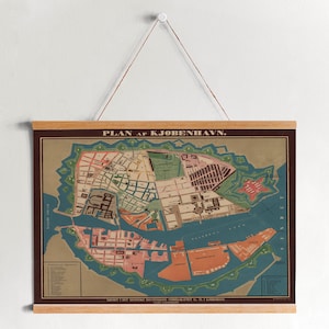 Mapa de lienzo enmarcado de Copenhagen Wall Art Prints / Canvas Wall Art / Listo para colgar / Arte de pared moderno / Decoración de pared de mapa vintage