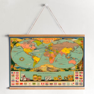 Mapa de lienzo enmarcado del mundo de 1933 / Impresiones de arte de pared / Arte de pared de lienzo / Listo para colgar / Arte de pared moderno / Decoración de pared de mapa vintage