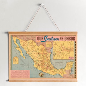Carte du Mexique de 1947 Framed Canvas Print| Gravures d’art mural| Art mural sur toile| Prêt à accrocher| Art mural moderne| Décor mural de carte vintage