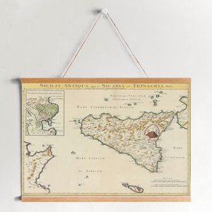 Carte encadrée de la Sicile en toile en 1768| Gravures d’art mural| Art mural sur toile| Prêt à accrocher| Art mural moderne| Décor mural de carte vintage