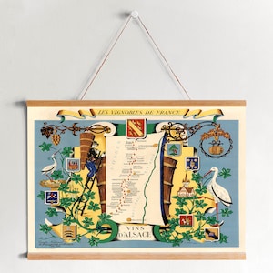 Carte des vins d’Alsace Impression sur toile encadrée| Gravures d’art mural| Art mural sur toile| Prêt à accrocher| Art mural moderne| Décor mural de carte vintage