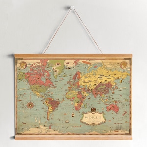 Carte du monde sur toile encadrée de 1931| Gravures d’art mural| Art mural sur toile| Prêt à accrocher| Art mural moderne| Décor mural de carte vintage