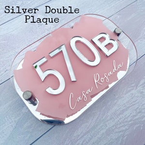 Pink House Sign, mirror door number plaque, blush standoff sign