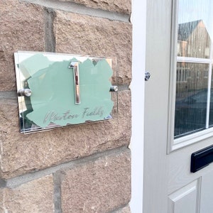 House Sign, mirror door number plaque, personalised Sage Green