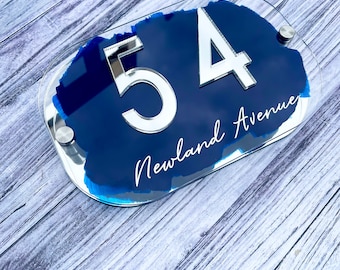 House Sign, mirror door number plaque personalised in Blue