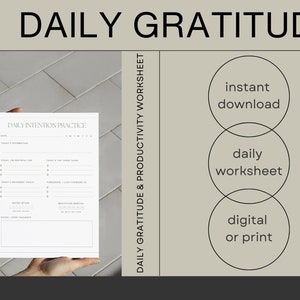 Op de afbeelding: Een printbaar dagelijks dankbaarheids- en productiviteitsblad met een minimalistisch ontwerp. Het blad bevat secties voor dagelijkse intenties, dankbaarheid en productiviteitsdoelen. De tekst "direct downloaden", "dagelijks werkblad" en "digitaal of printen" wordt weergegeven in overlappende cirkels.