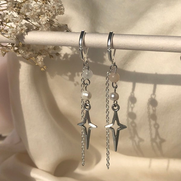Orecchini a croce con perle d'argento / Orecchini di cristallo / Orecchini d'argento  / Orecchini in argento 925