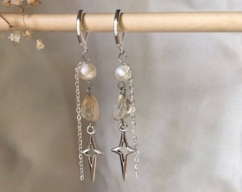 Silberne Ohrringe mit Citrin Kristallen und Süßwasserperlen / Kristallohrringe / Perlenohrringe schlicht / filigrane Ohrringe
