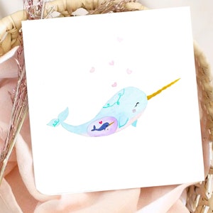 Carte aquarelle originale narval - Naissance